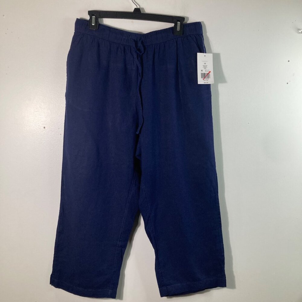 Womens Kim Rogers Linen Cropped Pants Navy M Pull On Stretch Waist NWT